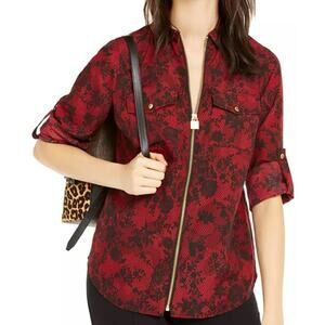 Michael Michael Kors Floral Lace Print Zipper Top Red Black Womens Medium